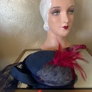 SMART 1930s\' DARK COBALT BLUE FELT HAT + BLUE/RED/BURGUNDY FEATHERS & NAVY VEIL Accessories | Smart 193s Dark Cobalt Blue Felt Hat  main image 3